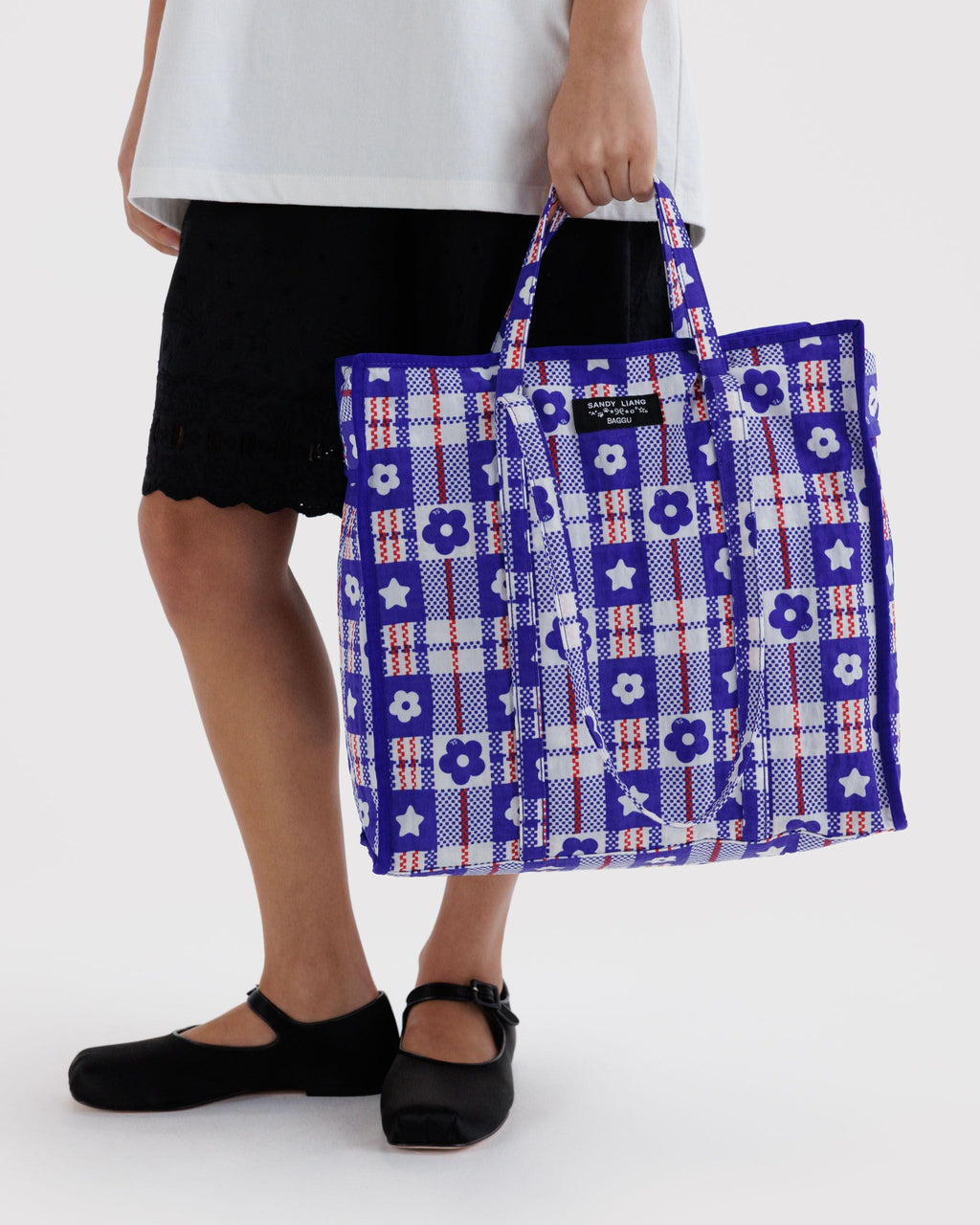 Large Nylon Market Bag in Market Plaid Blue - Easy Style
