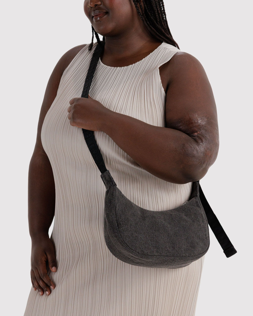 Small Denim Crescent Bag in Washed Black Denim - Easy Style