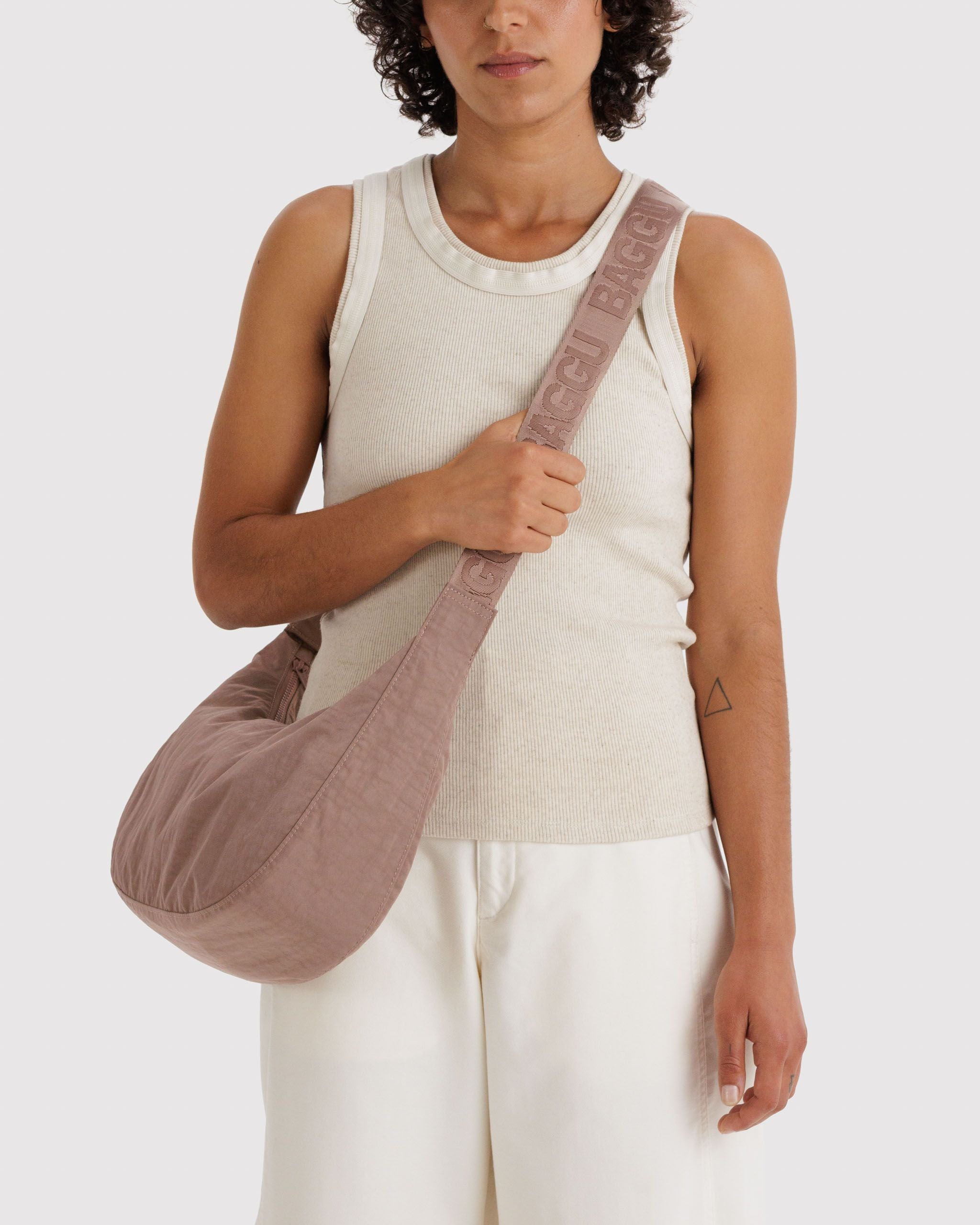 Easy Day to Night Carry - Medium Nylon Crescent Bag in Toasted Almond