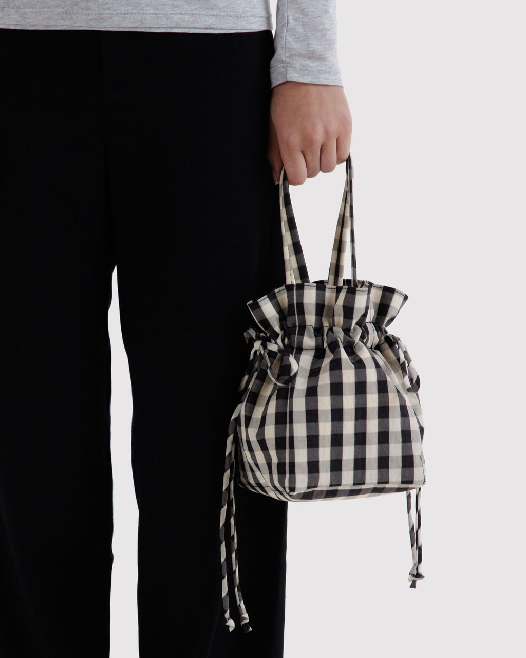 Nylon Drawstring Bag in Black and Cream Gingham - Easy Style