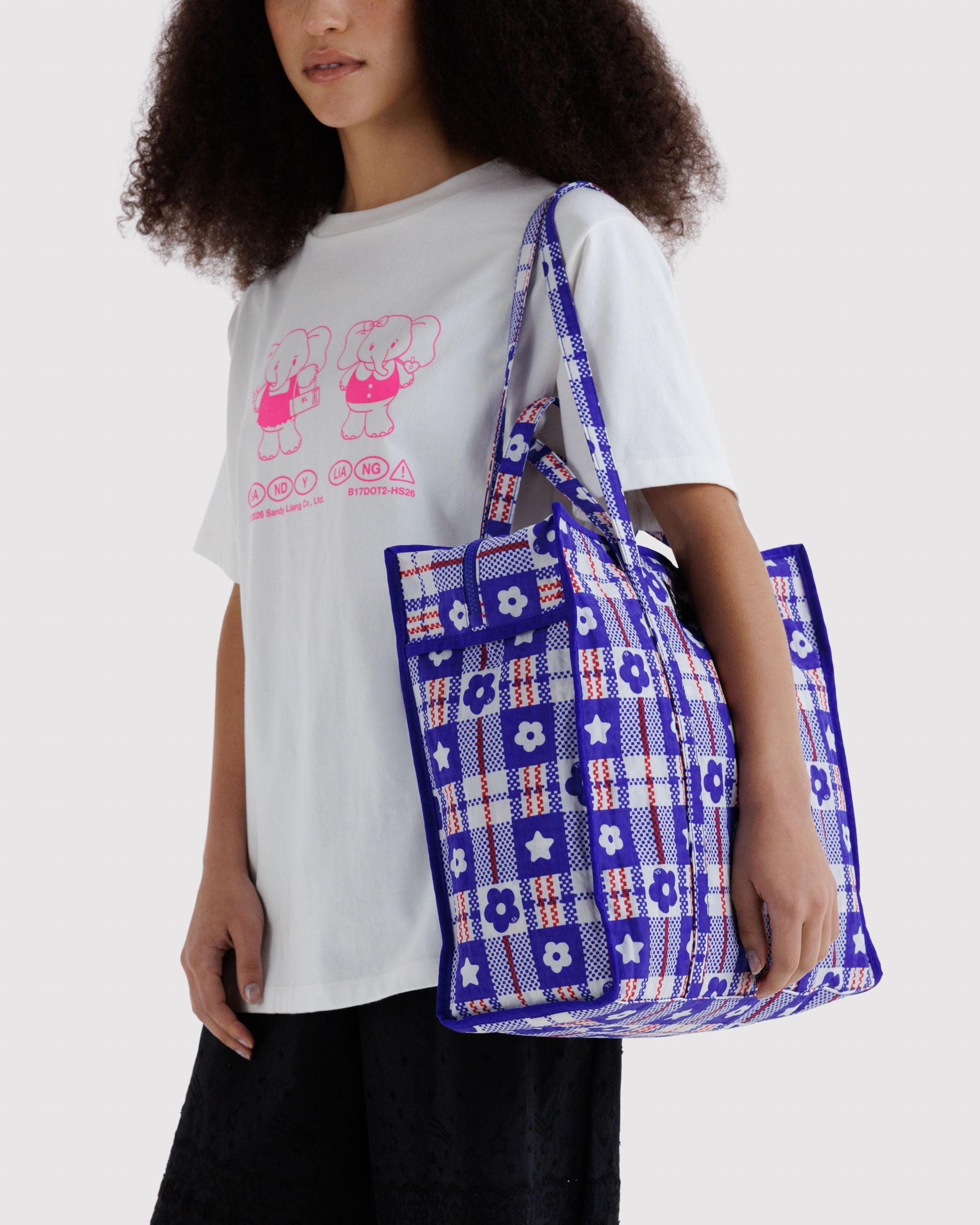 Large Nylon Market Bag in Market Plaid Blue - Easy Style