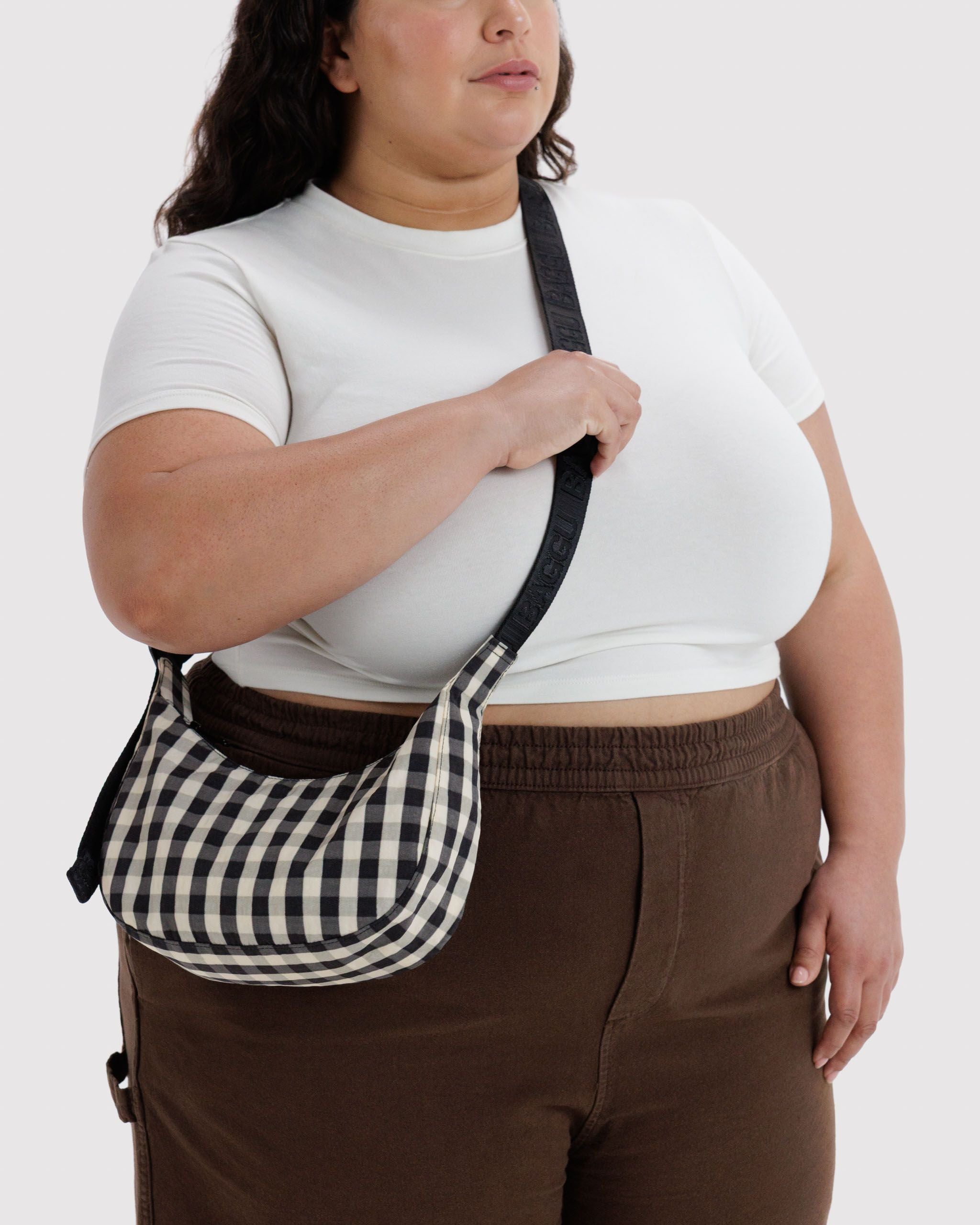 Small Nylon Crescent Bag in Black and Cream Gingham - Easy Style