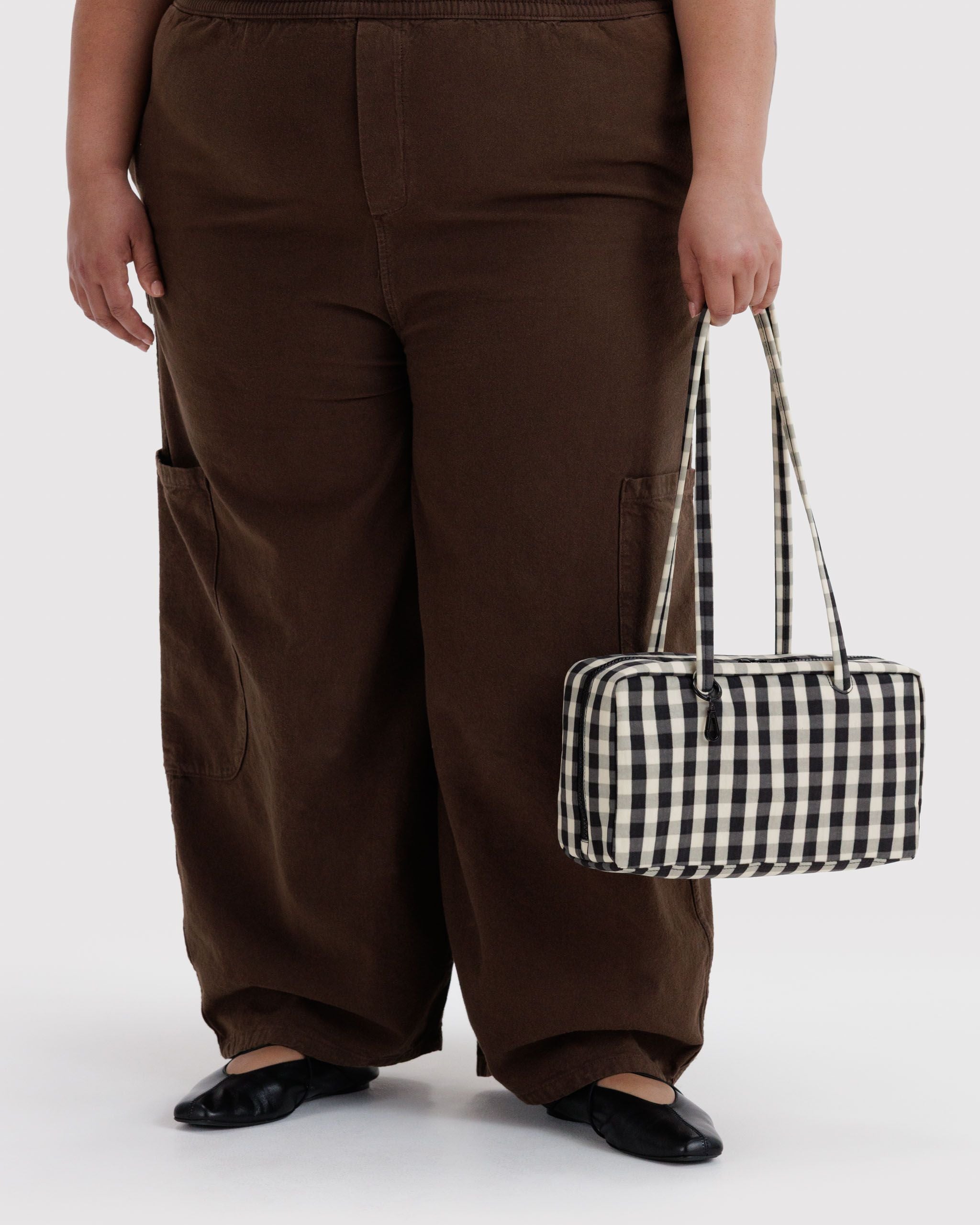 Easy Day to Night Carry - Nylon Bowler Bag in Black and Cream Gingham