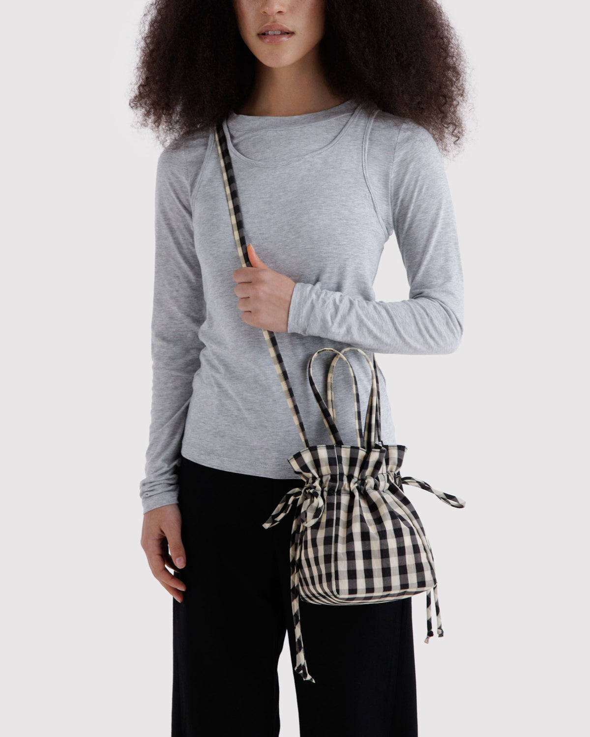 Nylon Drawstring Bag in Black and Cream Gingham - Easy Style