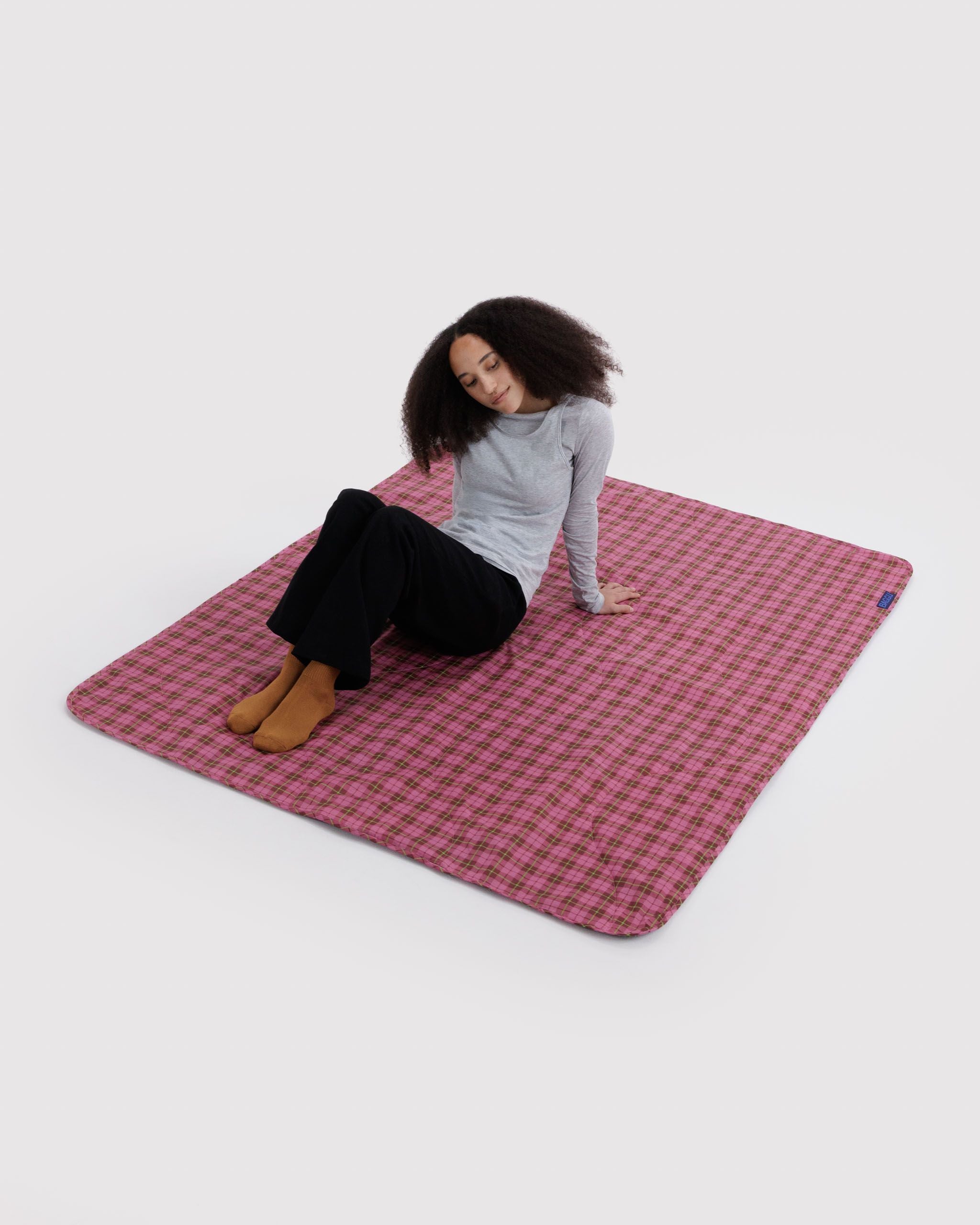 Portable Outdoor Comfort - Puffy Picnic Blanket in Azalea Pink Tartan