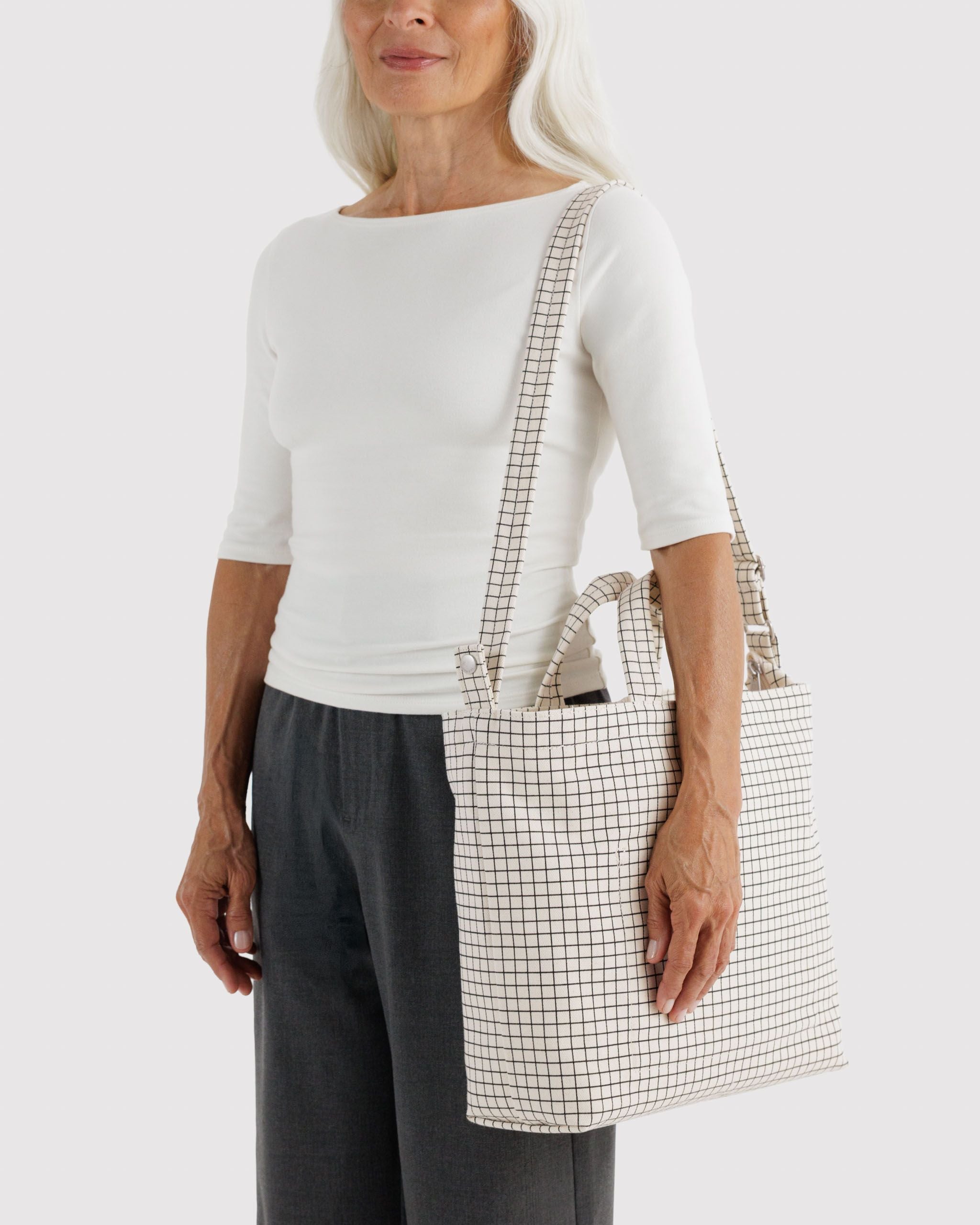 Flexible Daily Tote - Horizontal Zip Duck Bag in Natural Grid