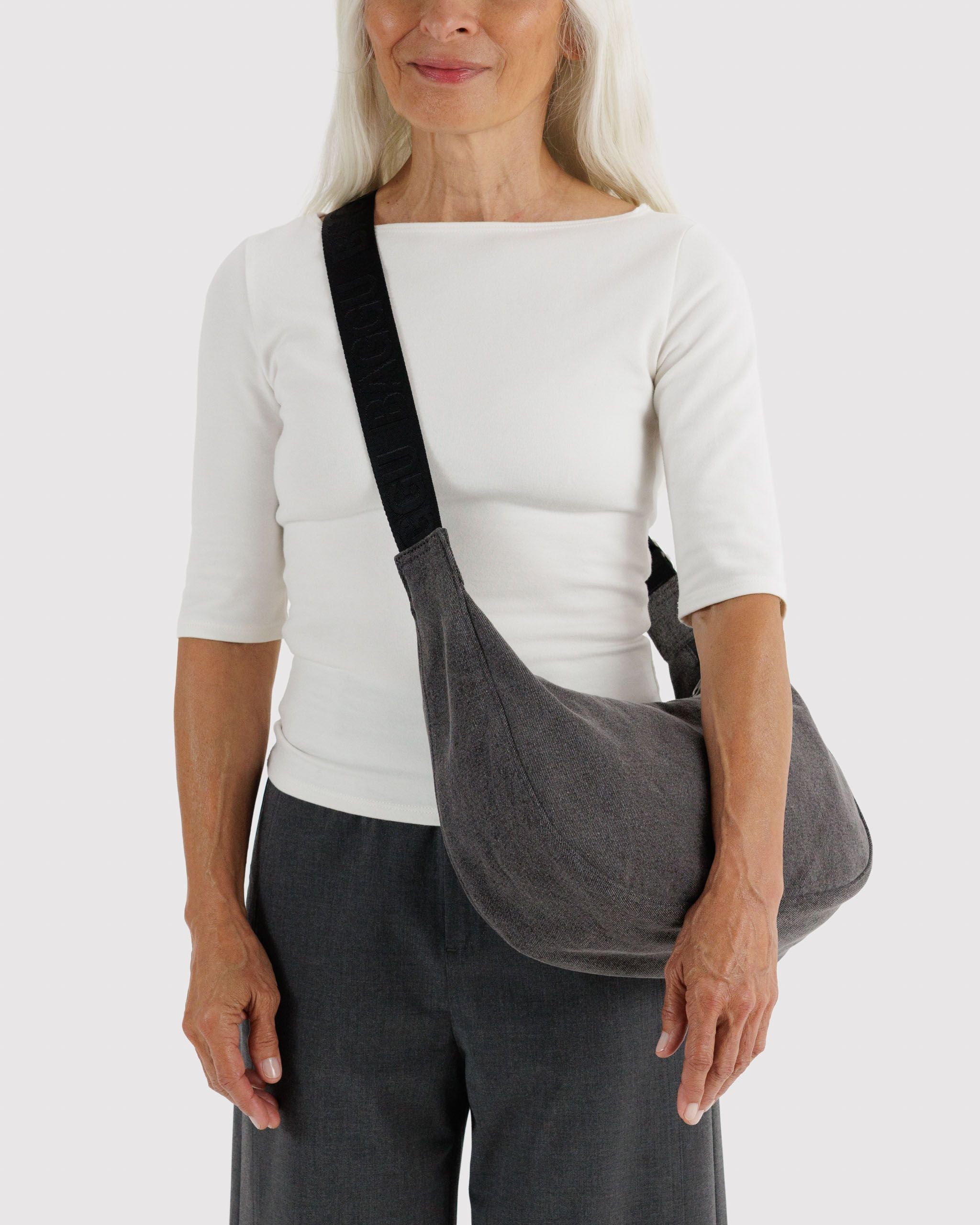 Medium Denim Crescent Bag in Washed Black Denim - Easy Style