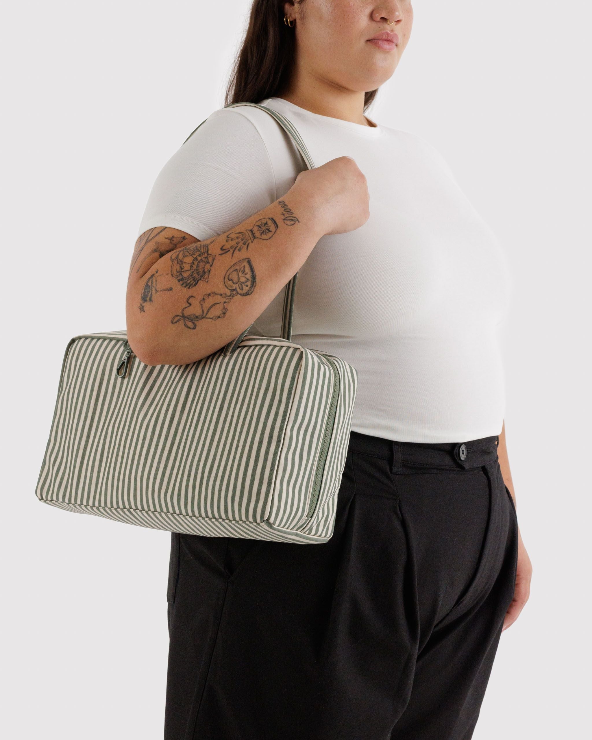 Easy Day to Night Carry - Medium Nylon Bowler Bag in Sage Stripe