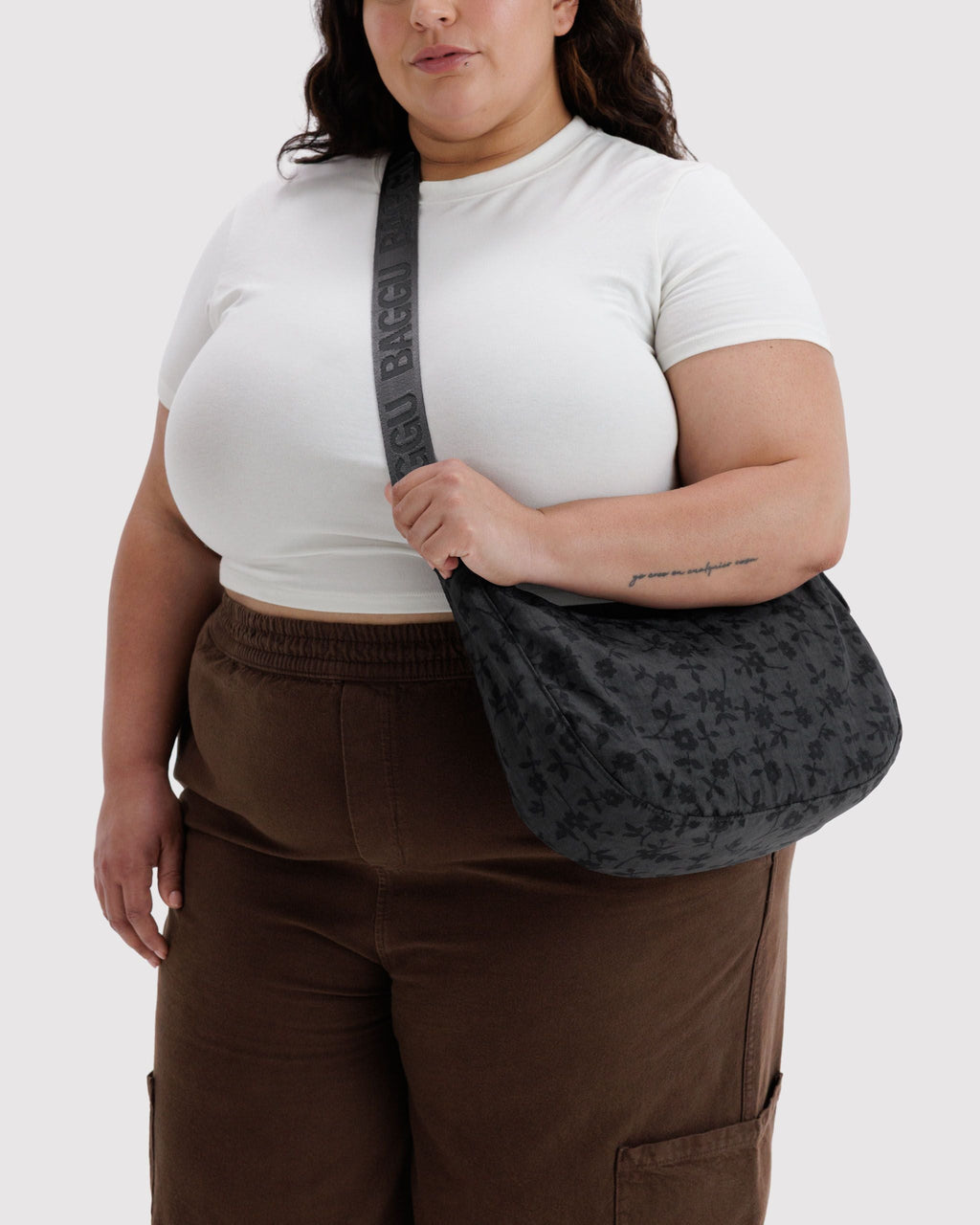 Medium Nylon Crescent Bag in Charcoal Ditsy Floral - Easy Style