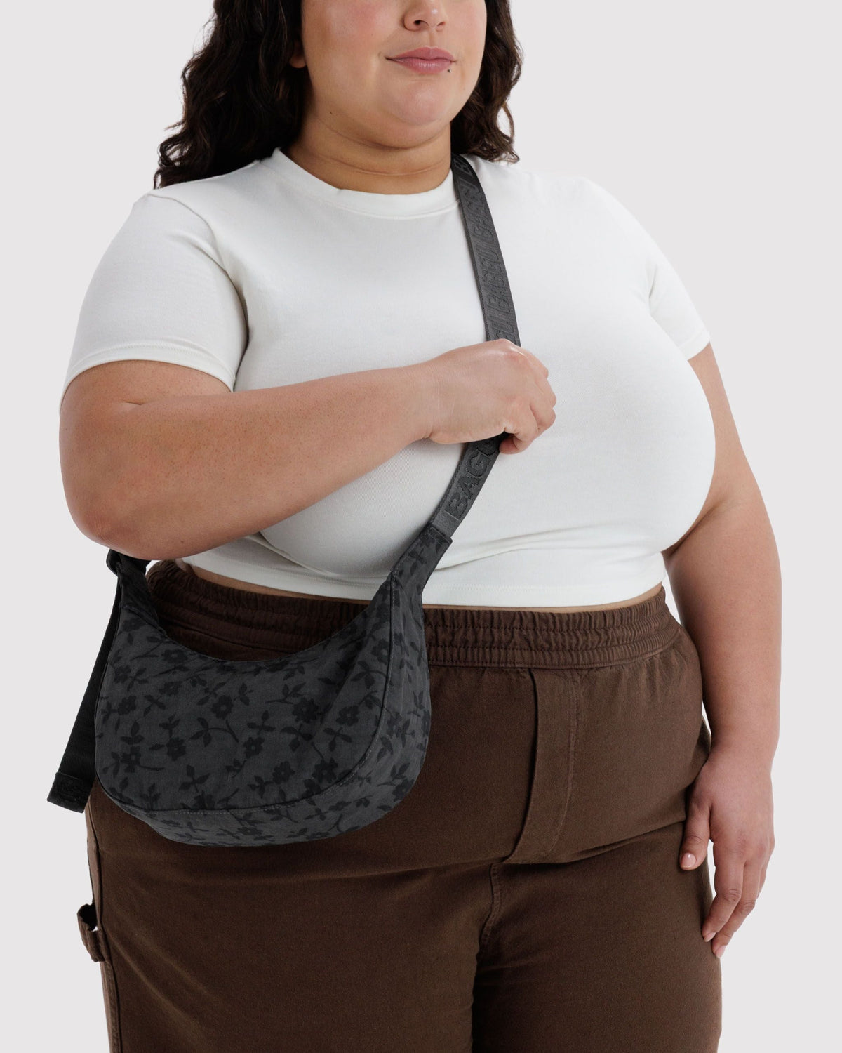 Small Nylon Crescent Bag in Charcoal Ditsy Floral - Easy Style