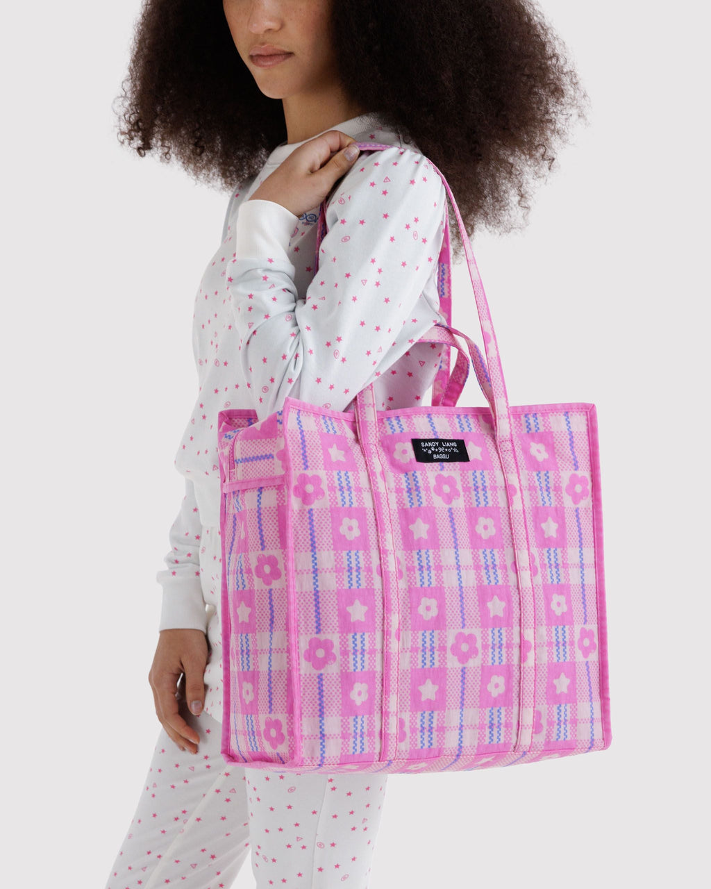 Large Nylon Market Bag in Market Plaid Pink - Easy Style