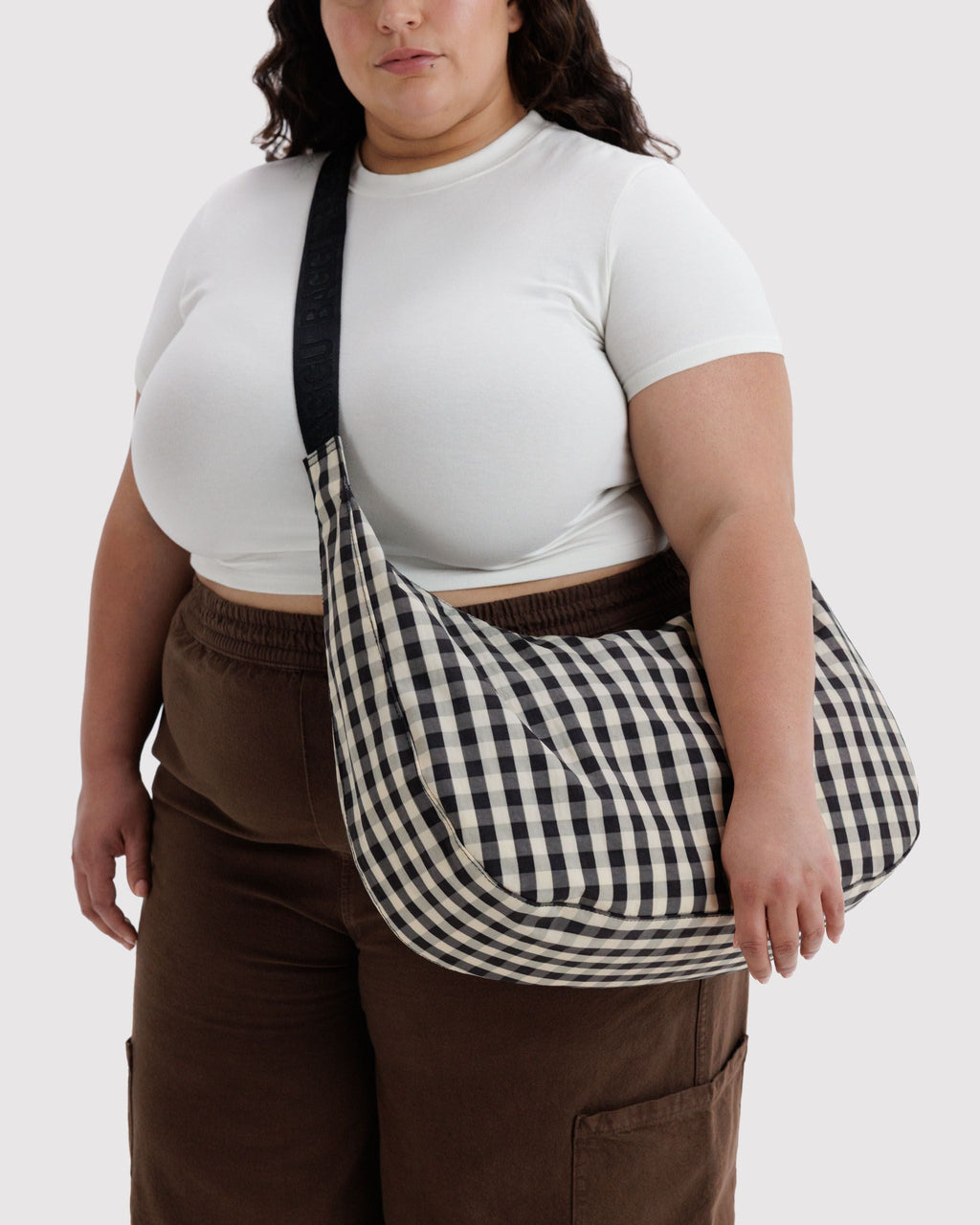 Large Nylon Crescent Bag in Black and Cream Gingham - Easy Style
