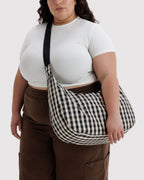 Large Nylon Crescent Bag in Black and Cream Gingham - Easy Style
