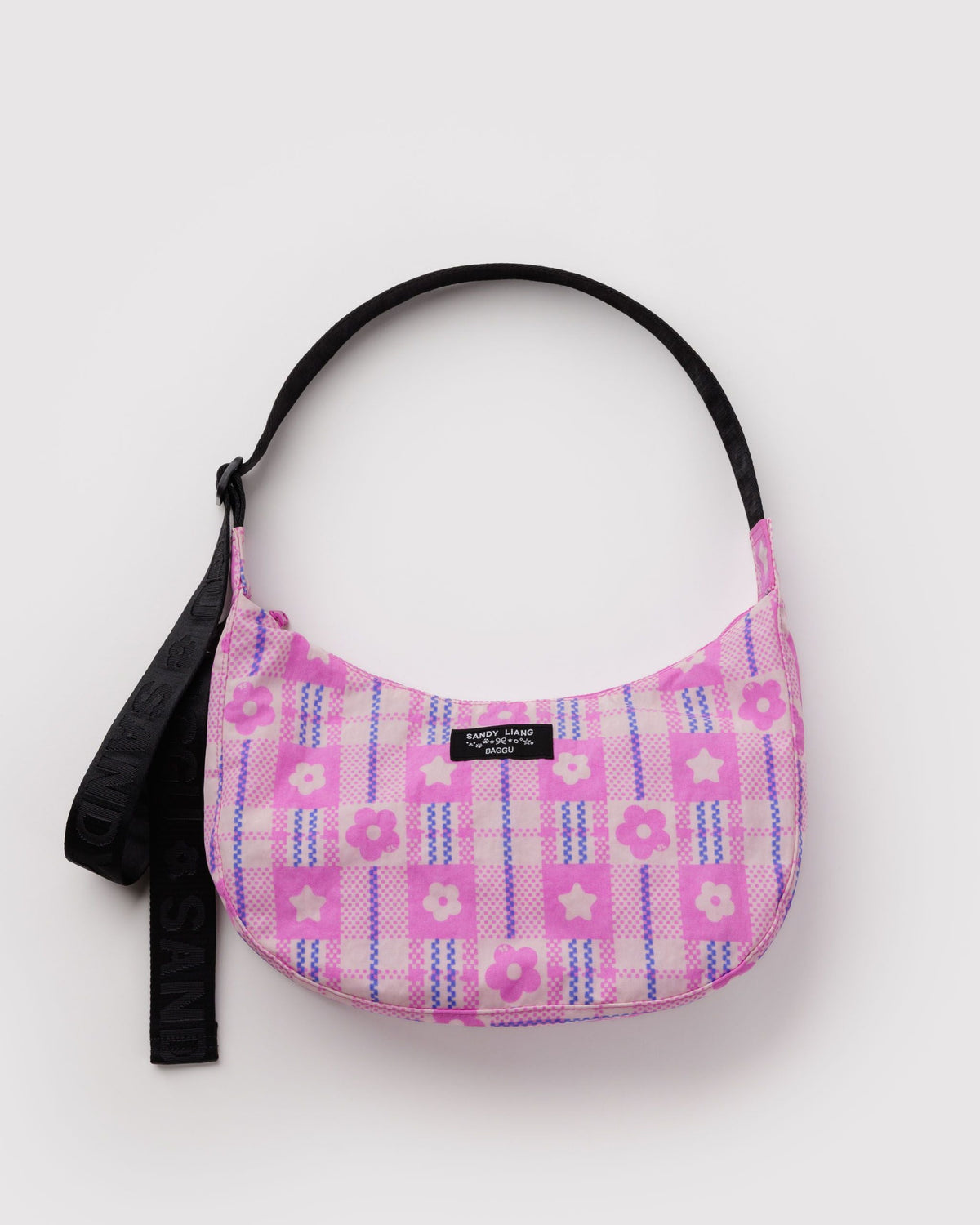 Medium Nylon Crescent Bag - Market Plaid Pink