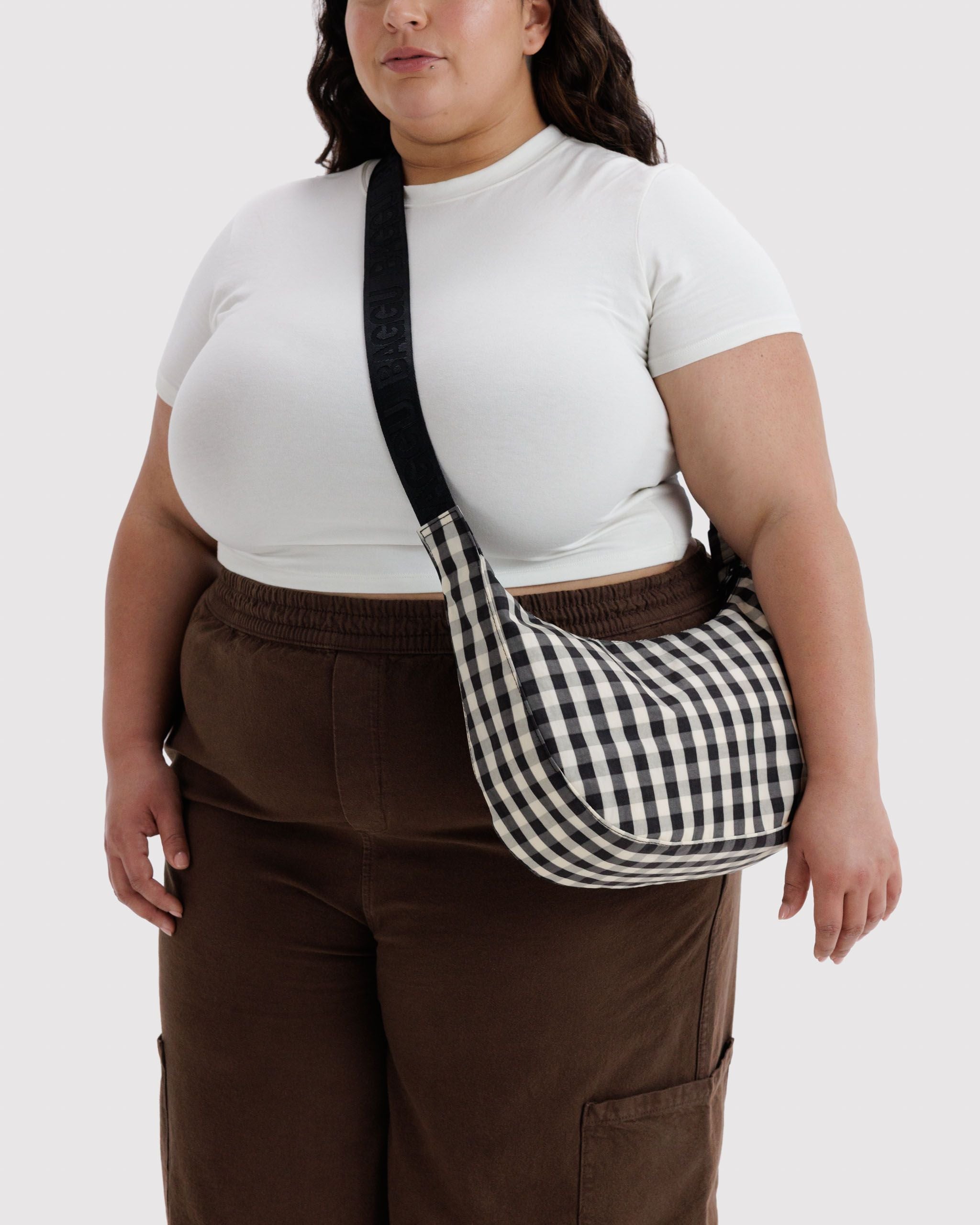 Medium Nylon Crescent Bag in Black and Cream Gingham - Easy Style